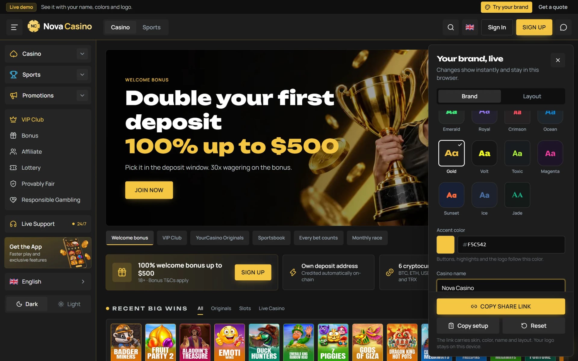 The live demo with its brand panel open and the casino renamed to Nova Casino